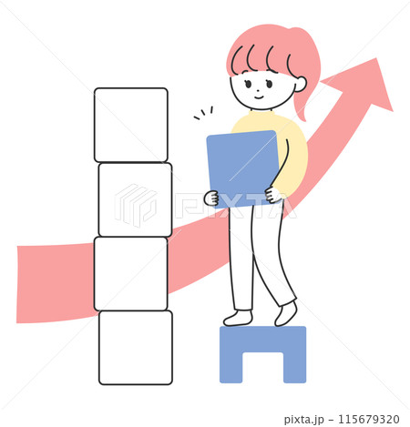 積み木を積み上げる若い女性のイラスト 115679320