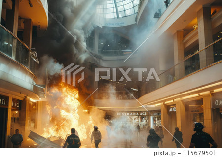 Fire in multi-level shopping center. Inside view. People are running towards exit in panic 115679501