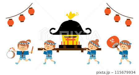 日本の夏祭り　お神輿をかつぐ子供のイラスト 115679934