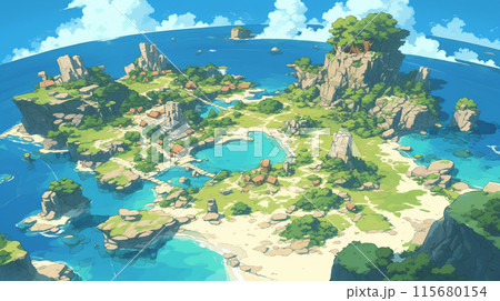 空から見た美しい海に浮かぶ島のイラスト素材 [115680154] - PIXTA