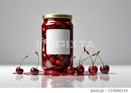 canned food, ripe red cherries canned in jars 115680216