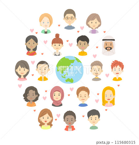 世界の人々の顔のアイコンイラストセット 115680315