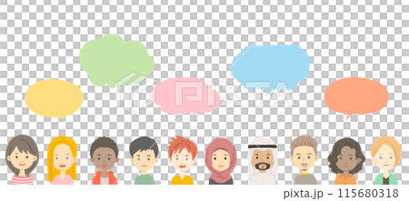 Illustration of people's faces and speech bubbles around the world Illustration of people's faces and speech bubbles around the world 115680318