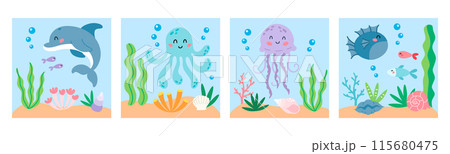 Set of cute cartoon sea animal square illustration. Dolphin, octopus, jellyfish and fish characters. Undersea, marine life kid print, posters. Vector illustration Set of cute cartoon sea animal square illustration. Dolphin, octopus, jellyfish and fish characters. Undersea, marine life kid print, posters. Vector illustration 115680475