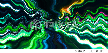 中心に向かって激しく波動しながら吸い込まれる緑ほかカラフルな光の筋イメージ。 115681036