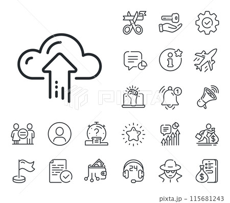 Internet data storage sign. Salaryman, gender equality and alert bell outline icons. Cloud computing upload line icon. File hosting technology symbol. Cloud upload line sign. Vector 115681243