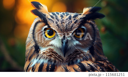 An Eurasian Eagle Owl staring at something out of shot in a woodland setting An Eurasian Eagle Owl staring at something out of shot in a woodland setting 115681251