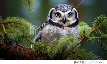 Northern Hawk Owl Perched on Top of the Pine Tree 115681275