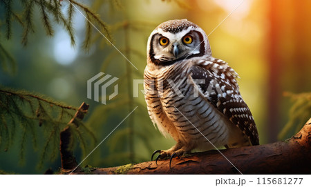 Northern Hawk Owl Perched on Top of the Pine Tree 115681277