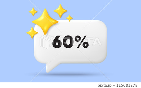 60 percent off sale tag. 3d speech bubble banner with stars. Discount offer price sign. Special offer symbol. Discount chat speech message. 3d offer talk box. Vector 60 percent off sale tag. 3d speech bubble banner with stars. Discount offer price sign. Special offer symbol. Discount chat speech message. 3d offer talk box. Vector 115681278