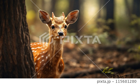 Indian hog deer stands alone. It is a small deer. It gets its name from the hog-like manner in which it runs through the forests with its head hung Indian hog deer stands alone. It is a small deer. It gets its name from the hog-like manner in which it runs through the forests with its head hung 115681280