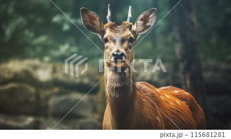 Indian hog deer stands alone. It is a small deer. It gets its name from the hog-like manner in which it runs through the forests with its head hung Indian hog deer stands alone. It is a small deer. It gets its name from the hog-like manner in which it runs through the forests with its head hung 115681281