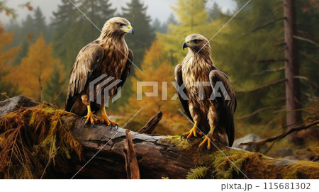 Two falcons on a branch Two falcons on a branch 115681302
