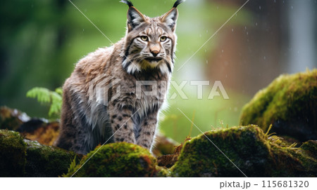 Lynx in winter. Young Eurasian lynx, walks in snowy beech forest. Beautiful wild cat in nature Lynx in winter. Young Eurasian lynx, walks in snowy beech forest. Beautiful wild cat in nature 115681320
