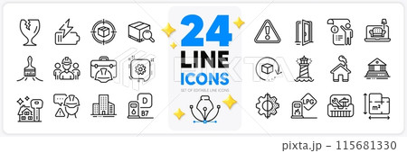 Icons set of Warning, Home and Diesel station line icons pack for app with Fragile package, Builder warning, Brush thin outline icon. Lighthouse, Cogwheel, Court building pictogram. Vector 115681330