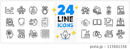 Icons set of Cash back, Fake news and Report document line icons pack for app with Start business, Recovery photo, Floor plan thin outline icon. Stress, Report, Teamwork pictogram. Vector Icons set of Cash back, Fake news and Report document line icons pack for app with Start business, Recovery photo, Floor plan thin outline icon. Stress, Report, Teamwork pictogram. Vector 115681336