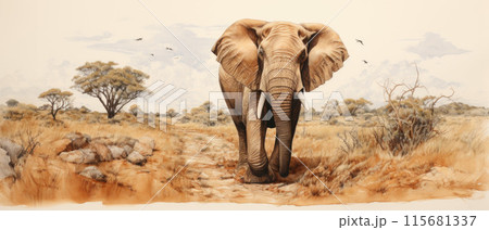 African Elephant Loxodonta africana at a waterhole in the Savuti region of northern Botswana, Africa African Elephant Loxodonta africana at a waterhole in the Savuti region of northern Botswana, Africa 115681337