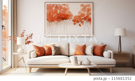 Stylish and Scandinavian living room interior of modern apartment with sofa 115681352