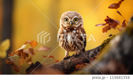 Little owl (Athene noctua) sitting on dry autumn tree. Autumn forest in background. Little owl portrait. Owl sitting on branch. Owl on tree 115681358