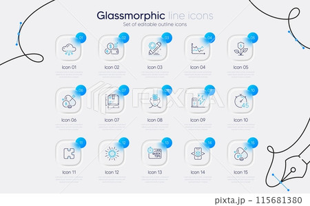 Set of Diagram chart, Timer and Eco power line icons for web app. Augmented reality, Coronavirus, Currency rate icons. Cloud computing, Boron mineral, Anxiety signs. Project edit. Vector 115681380