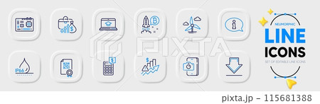 Bitcoin project, Phone photo and Waterproof line icons for web app. Pack of Qr code, Windmill turbine, Website education pictogram icons. Salary, Rise price, Motherboard signs. Vector 115681388