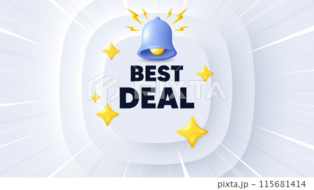 Best deal tag. Neumorphic banner with sunburst. Special offer Sale sign. Advertising Discounts symbol. Best deal message. Banner with 3d bell. Circular neumorphic template. Vector Best deal tag. Neumorphic banner with sunburst. Special offer Sale sign. Advertising Discounts symbol. Best deal message. Banner with 3d bell. Circular neumorphic template. Vector 115681414