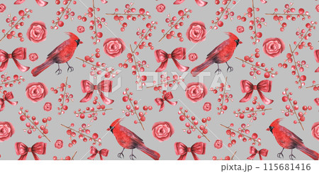 Christmas forest berries, red cardinal birds, Seamless pattern, watercolor hand drawn illustration. for fabric, textile, wallpaper. Grey background Christmas forest berries, red cardinal birds, Seamless pattern, watercolor hand drawn illustration. for fabric, textile, wallpaper. Grey background 115681416