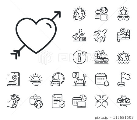 Valentine heart sign. Plane jet, travel map and baggage claim outline icons. Love line icon. Couple relationships symbol. Love line sign. Car rental, taxi transport icon. Place location. Vector 115681505