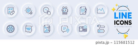 Line chart, Survey and Cogwheel line icons for web app. Pack of Agreement document, Cable section, Instruction info pictogram icons. Battery, Chat bubble, Time management signs. Vector 115681512