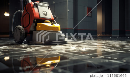 Floor care and cleaning services with washing machine in supermarket shop store Floor care and cleaning services with washing machine in supermarket shop store 115681663