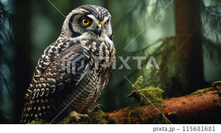 Northern Hawk Owl Perched on the Pine Tree 115681681