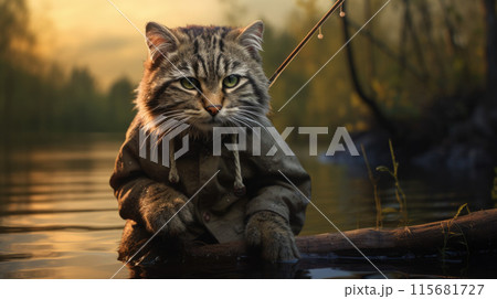 A beige cat fisher with a fishing rod caught a trout. In a forest river A beige cat fisher with a fishing rod caught a trout. In a forest river 115681727