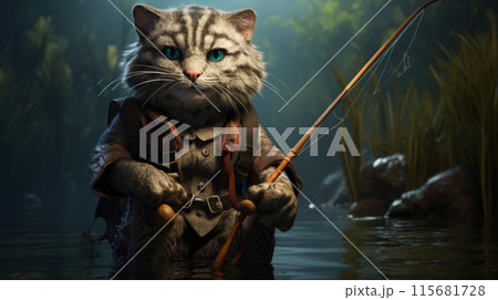 A beige cat fisher with a fishing rod caught a trout. In a forest river 115681728