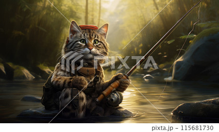 A beige cat fisher with a fishing rod caught a trout. In a forest river 115681730
