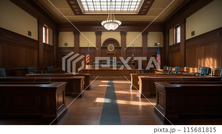 American courtroom. justice and law. chairs and judge table 115681815