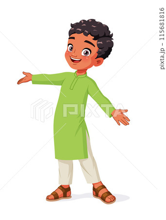 Indian boy greeting with wide open arms. Cartoon vector illustration. Indian boy greeting with wide open arms. Cartoon vector illustration. 115681816