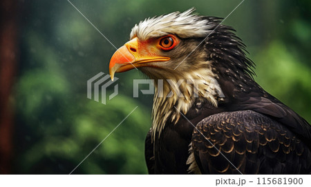 Caracara plancus with brown plumage and pointed beak against blue cloudless sky 115681900