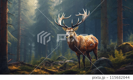 Wild red deer in nature at sunset, Mountain landscape wildlife view Wild red deer in nature at sunset, Mountain landscape wildlife view 115682044