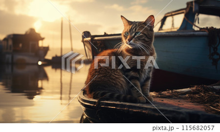 Cat sitting at the sea port with boats on background Cat sitting at the sea port with boats on background 115682057