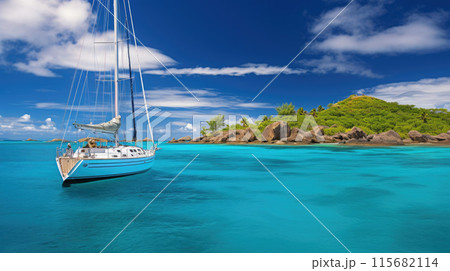 amazing view to yacht, swimming woman and clear water caribbean paradise 115682114