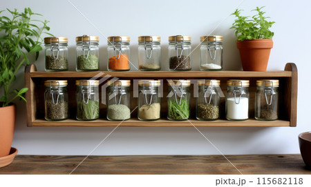 Wooden rack spices storage in the jars on white background 115682118