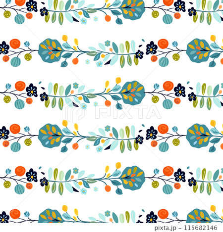 Seamless pattern featuring horizontal stripes of decorative plants, flowers, and trees in folk art style on a white background. Ideal for textiles, wallpapers, and spring designs. Incorporates vibrant Seamless pattern featuring horizontal stripes of decorative plants, flowers, and trees in folk art style on a white background. Ideal for textiles, wallpapers, and spring designs. Incorporates vibrant 115682146