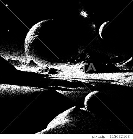Alien planet landscape in retro dotwork style. Planets and satellites over unknown planet in space. Sci-fi world landscape beyond our galaxy. 115682168
