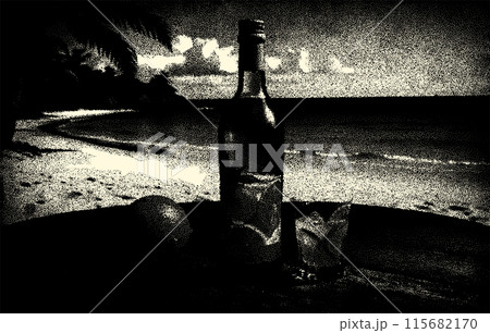 Bottle with fruit water or alcohol in the sand of the beach. Vacation scene with lemonade bottle on the shore line, in retro dotwork style 115682170