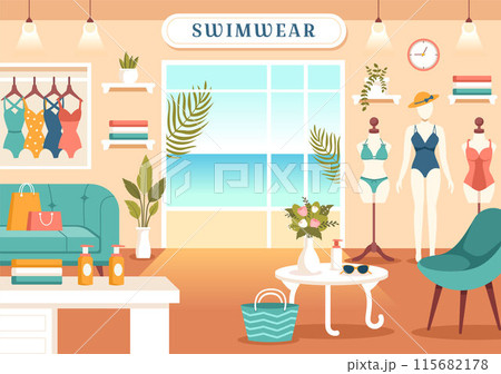 Swimwear Vector Illustration featuring a Variety of Bikini and Swimsuit Designs for Both Women and Men at the Summer Beach in a Flat Style Background Swimwear Vector Illustration featuring a Variety of Bikini and Swimsuit Designs for Both Women and Men at the Summer Beach in a Flat Style Background 115682178