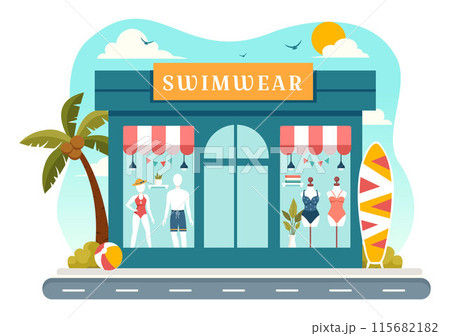 Swimwear Vector Illustration featuring a Variety of Bikini and Swimsuit Designs for Both Women and Men at the Summer Beach in a Flat Style Background Swimwear Vector Illustration featuring a Variety of Bikini and Swimsuit Designs for Both Women and Men at the Summer Beach in a Flat Style Background 115682182