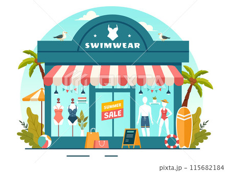 Swimwear Vector Illustration featuring a Variety of Bikini and Swimsuit Designs for Both Women and Men at the Summer Beach in a Flat Style Background Swimwear Vector Illustration featuring a Variety of Bikini and Swimsuit Designs for Both Women and Men at the Summer Beach in a Flat Style Background 115682184