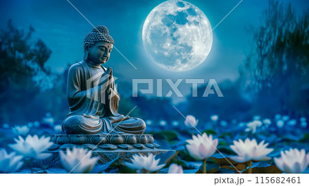 Buddha statue mediating with Lotuses and reflection. Magha Puja, Asanha Puja, and Visakha Puja Day. Buddhist holiday Concept. Generative Ai. 115682461