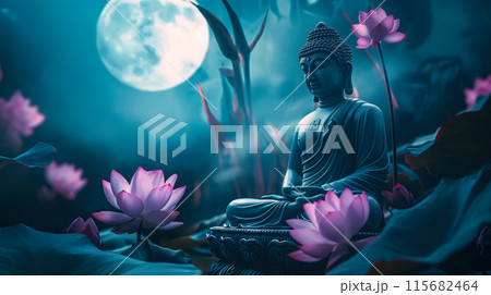Buddha statue mediating with Lotuses and reflection. Magha Puja, Asanha Puja, and Visakha Puja Day. Buddhist holiday Concept. Generative Ai. 115682464
