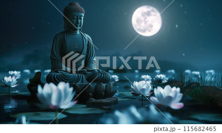 Buddha statue mediating with Lotuses and reflection. Magha Puja, Asanha Puja, and Visakha Puja Day. Buddhist holiday Concept. Generative Ai. 115682465